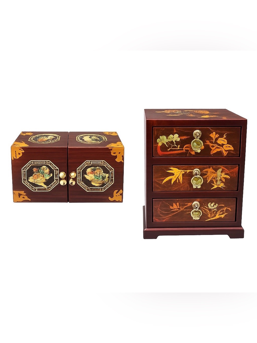 Set of 2 Wooden Asian-Inspired Jewelry box  with pearls of Inlay - Dark Mahogan